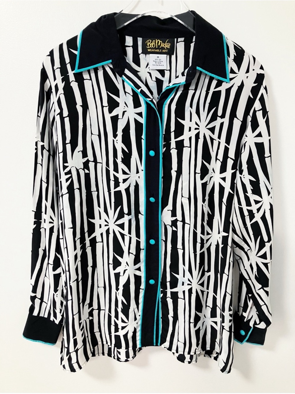 Bob Mackie | Black White Bamboo Print Silk Button Up Top M Boho Tropical Vintage